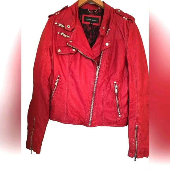 Black river red leather zipper biker motorcycle jacket size M women's - Picture 2 of 13